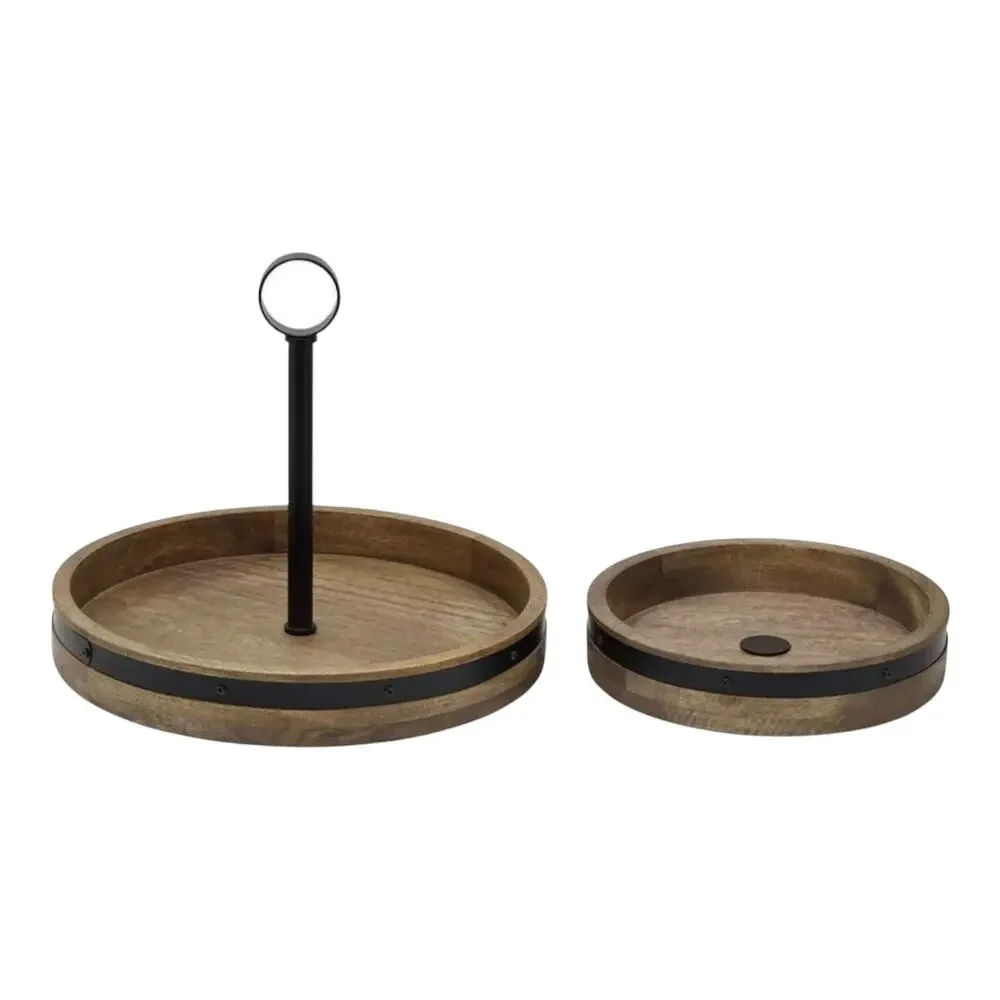 Mikasa 2 Tier Lazy Susan Burnished Iron Band Mango Wood Trays 2in1 Convertible!